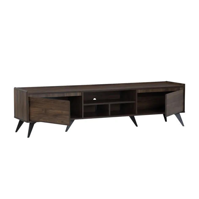 Maxton TV Console 1.8m - 4 - Wooden TV cabinet with angled legs, minimalist design, dark wood finish, open shelves, built-in