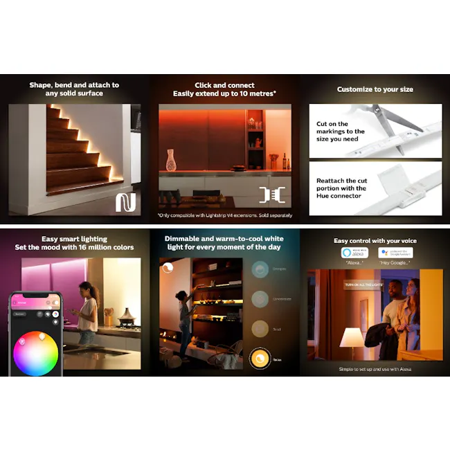 Philips Hue V4 Lightstrip Plus - 6 - Shape, bend and attach to any solid surface, Click and connect Easily extend up to 10