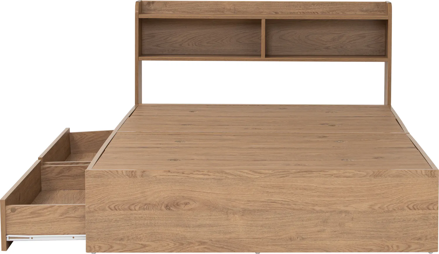 Herschel 2 Drawer Super Single Bed - Natural - 9 - Wooden bed frame, minimalist design, built-in shelving, floating drawers