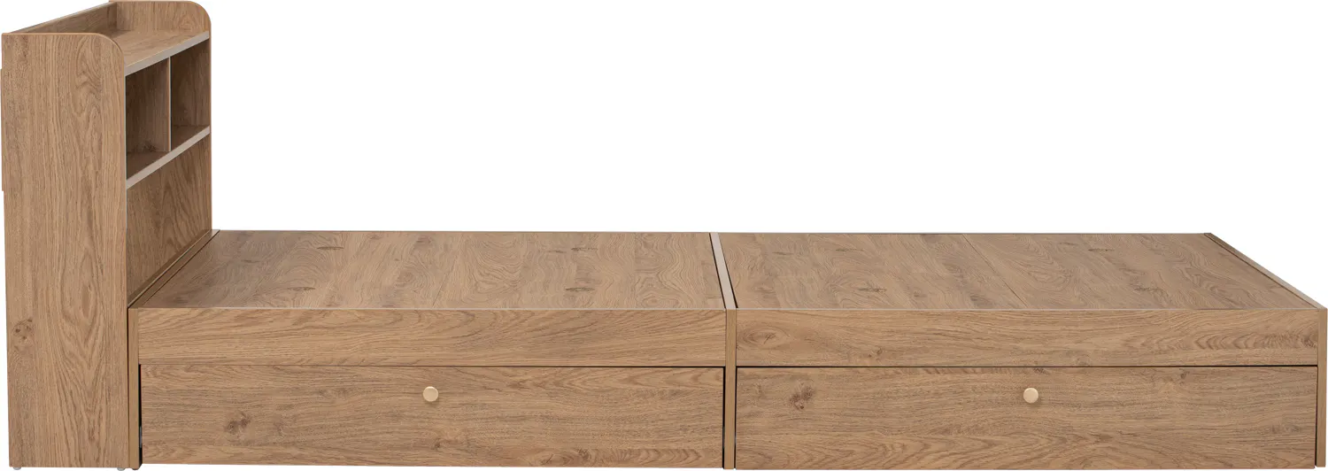 Herschel 2 Drawer Super Single Bed - Natural - 15 - Wooden bed frame with built-in shelving, minimalist design, natural wood