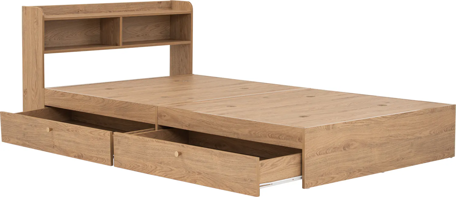 Herschel 2 Drawer Super Single Bed - Natural - 11 - Wooden bed frame, minimalist design, open shelving, integrated storage