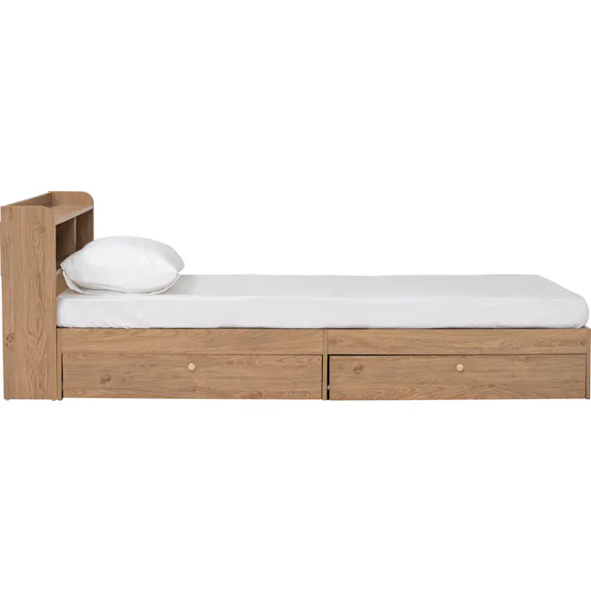 Herschel 2 Drawer Single Bed - Natural - 5 - Wooden bed with white mattress and pillows, minimalist design, natural wood