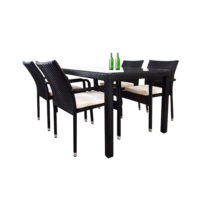 Boulevard Outdoor Dining Set with 4 Chair - White Cushion - 1 - Elegant outdoor dining set, black wicker table, white