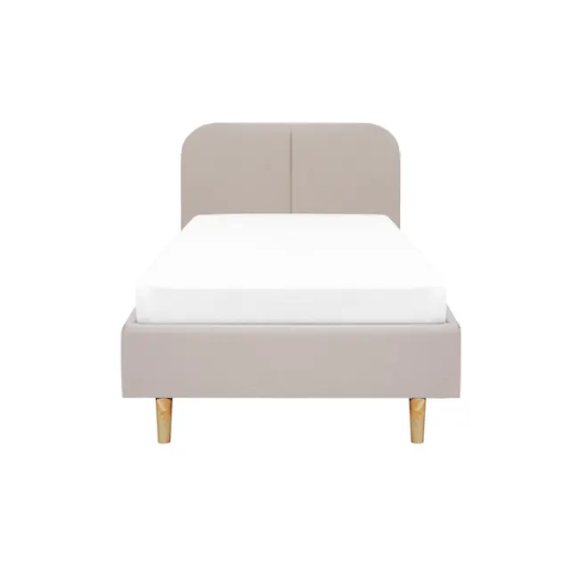 Nolan Single Bed - Oatmeal - 1 - Modern minimalist bed with beige upholstered headboard and gold wooden legs, clean and