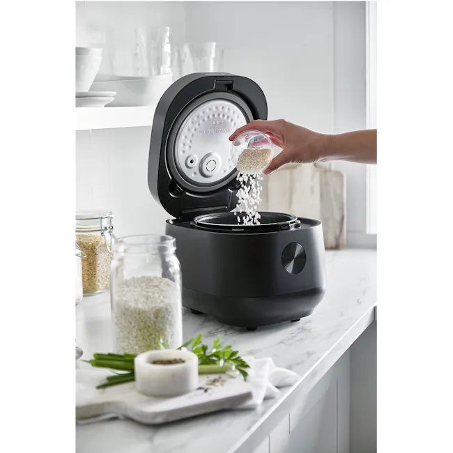 GreenPan Bistro Collection Rice & Grains Cooker - Matte Black - 3 - black rice cooker, kitchen countertop, rice pouring