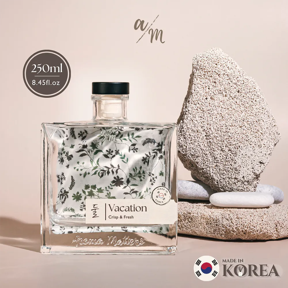 Aroma Matters Reed Diffuser - Vacation (2 Sizes) - 9 - Glass perfume bottle with floral design, 250ml, 45fl.oz., "Vacation