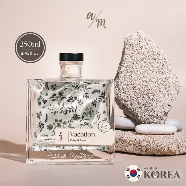 Aroma Matters Reed Diffuser - Vacation (2 Sizes) - 9 - Glass perfume bottle with floral design, 250ml, 45fl.oz., "Vacation