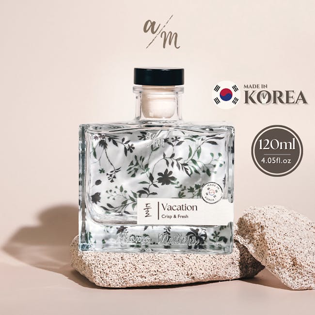Aroma Matters Reed Diffuser - Vacation (2 Sizes) - 7 - Glass bottle with floral design, "Vacation Crisp & Fresh" label