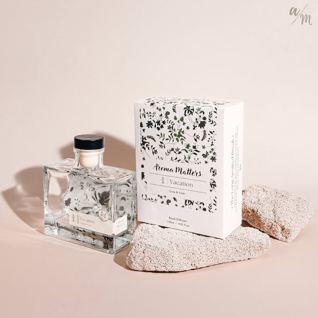 Aroma Matters Reed Diffuser - Vacation (2 Sizes) - 8 - Glass perfume bottle with black cap, "Aroma Matters" label