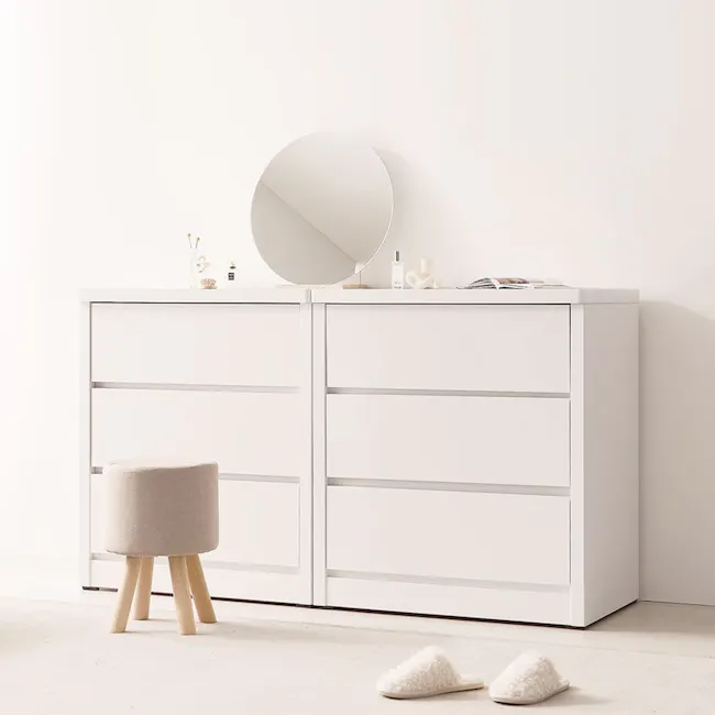 Kye 3 Drawer Chest 0.8m - White - 12 - White minimalist dresser, round mirror, wooden stool, soft beige slippers, clean