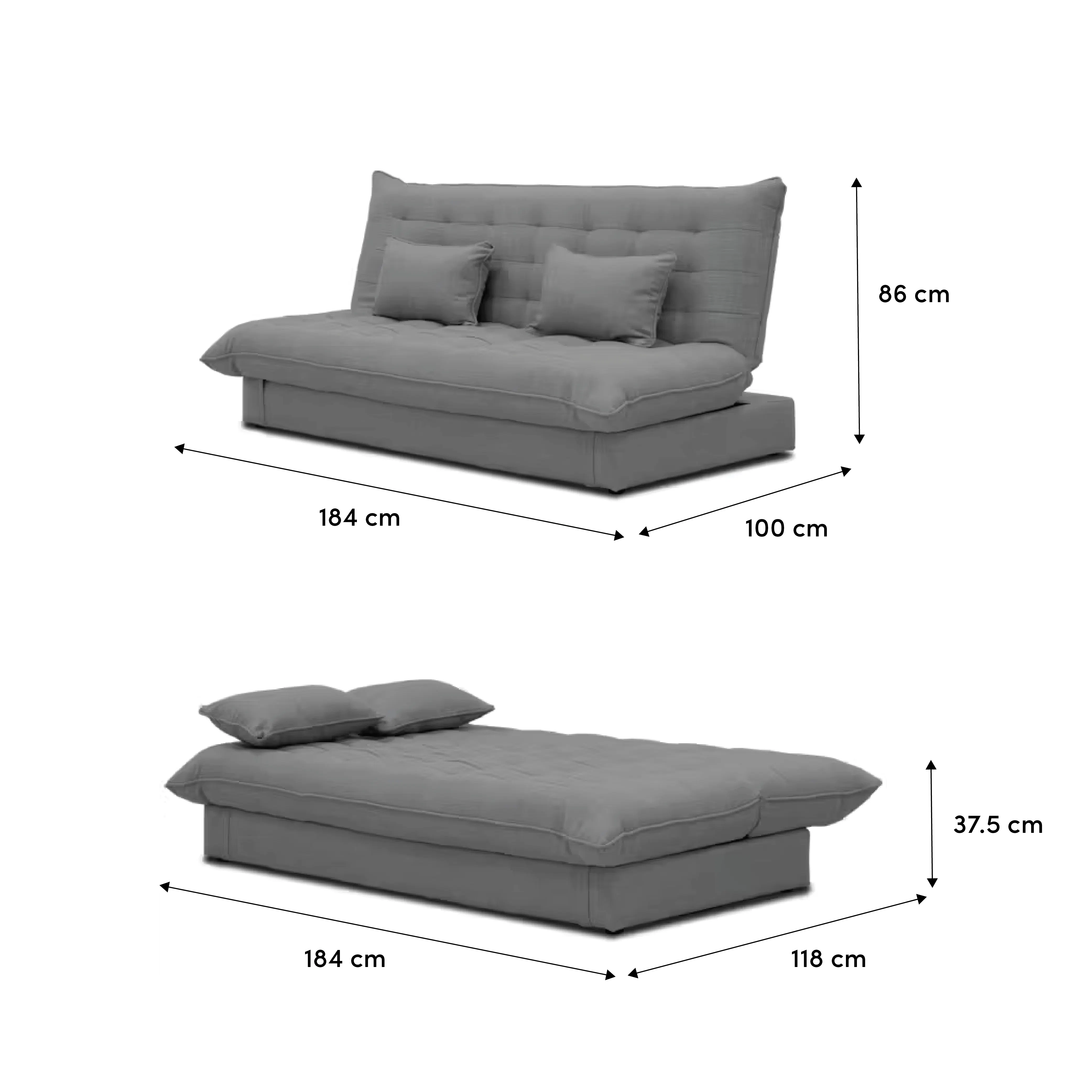 Tessa L-Shaped Storage Sofa Bed - Pewter Grey (Eco Clean Fabric) - 14 - Grey upholstered sofa, 184 cm in height, 100 cm in