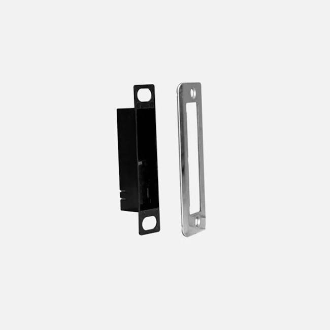 igloohome Smart Mortise 2+ - 19 - - Metal bracket with two holes, black and silver colors, - Industrial hardware components