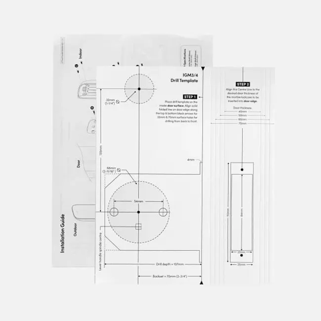 igloohome Smart Mortise 2+ - 25 - Installation guide, drill template, dimensions, measurements, technical drawing