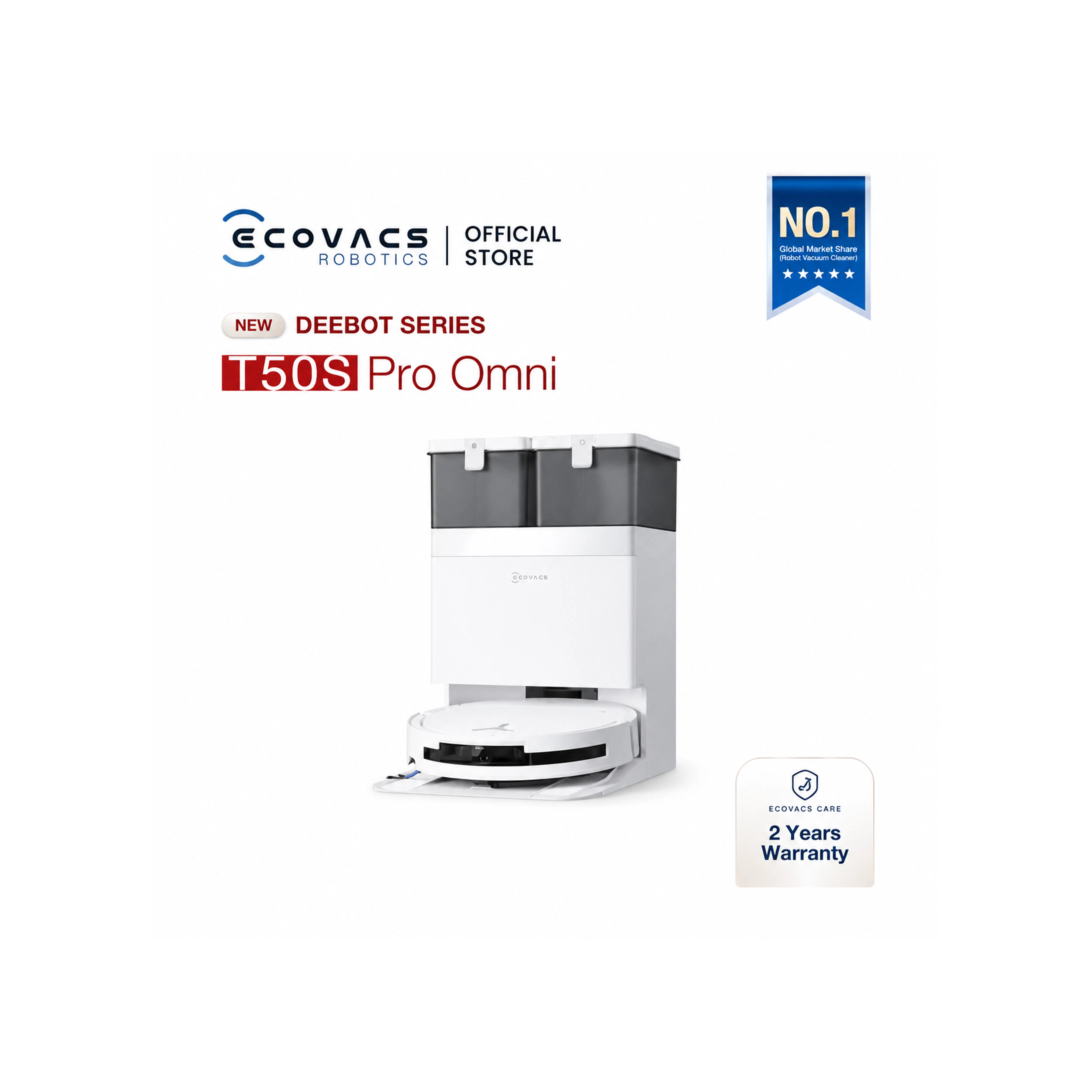 Ecovacs Deebot T50S Pro Omni - White *Free 1 x Cleaning Solution + 1 Year Accessories*