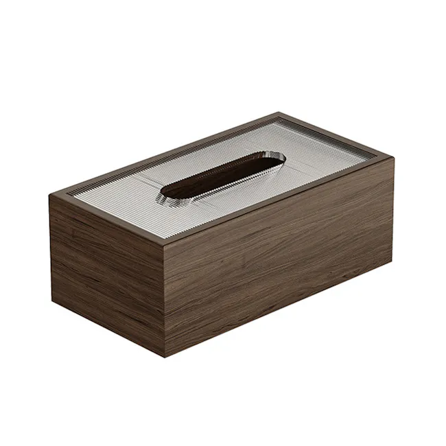 Elise Wooden Tissue Box - 1 - Wooden rectangular box, metal mesh, modern design, sleek surface, minimalist aesthetic