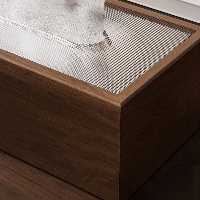 Elise Wooden Tissue Box - 5 - Wooden rectangular bath mat, white shower curtain, textured surface, modern design, wooden