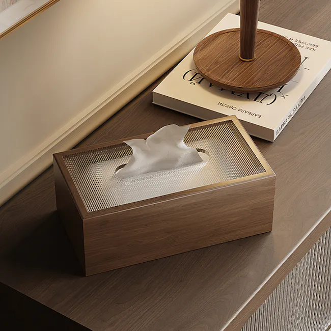 Elise Wooden Tissue Box - 2 - Wooden box with a perforated design, placed on a wooden surface, featuring a unique, abstract