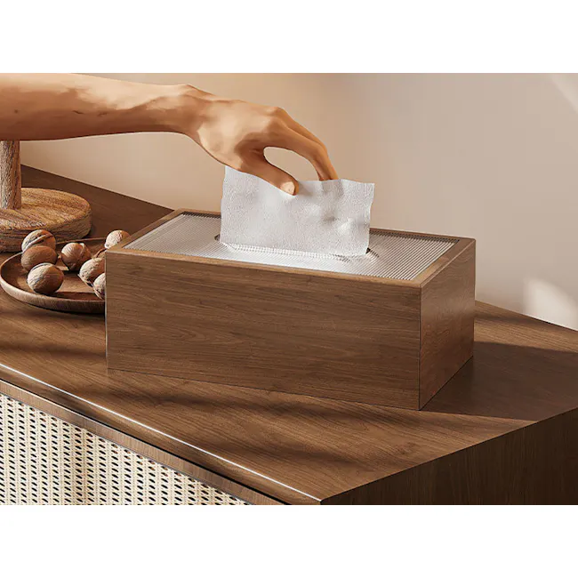 Elise Wooden Tissue Box - 3 - Wooden box, hand holding tissue, wooden surface, natural wood texture, modern design
