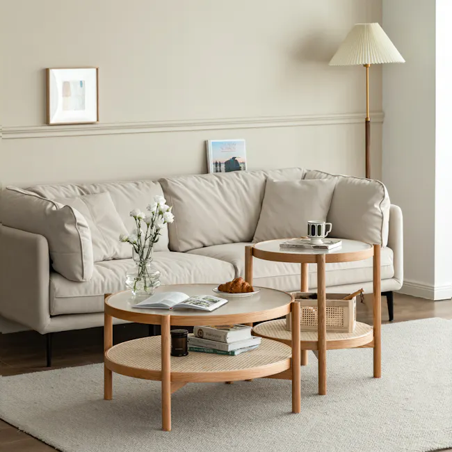 Room setting featuring Lilian Rattan Side Table - Natural (Glass Tabletop)