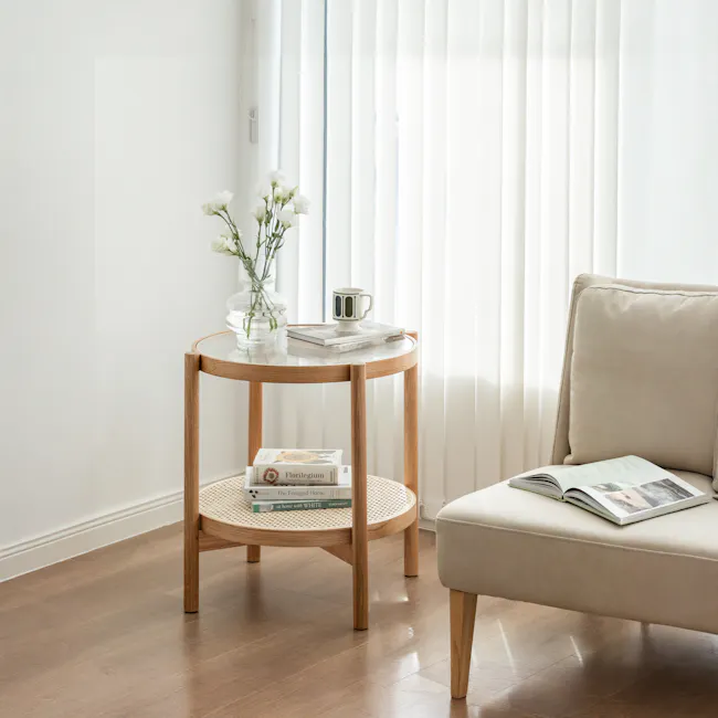 Lilian Rattan Side Table - Natural (Glass Tabletop)