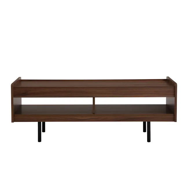 (As-is) Delani Coffee Table - 1 - Wooden shelf with minimalist design, dark brown finish, three-tiered structure, black