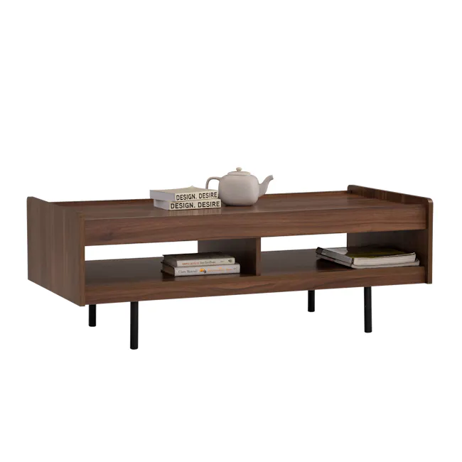 (As-is) Delani Coffee Table - 8 - Wooden shelf, minimalist design, two shelves, dark wood finish, modern aesthetic, stacked