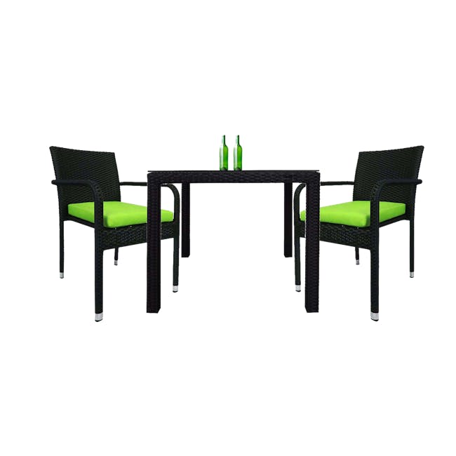 Palm Outdoor Dining Couple Set - Green - 1 - Green outdoor patio furniture, black wicker chairs, bright green cushions
