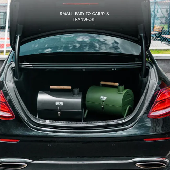 Flame Master BBQ Mini Portable BBQ Drum - Black - 7 - Sleek black car with open trunk, Portable camping equipment, Portable