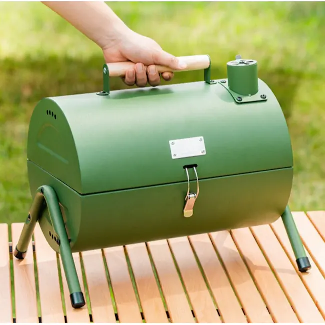 Flame Master BBQ Mini Portable BBQ Drum - Black - 3 - Green portable grill, outdoor cooking, portable barbecue, wooden