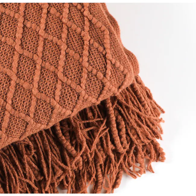 Hanako Knitted Throw - Burnt Orange - 5 - Cushioned, textured, knitted, brown, lattice, geometric, crochet, pattern, fringe