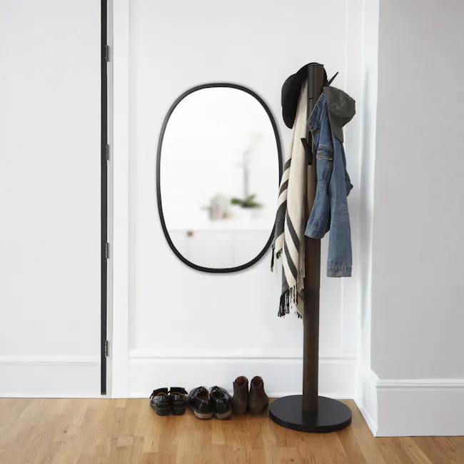 Flapper Coat Rack - Black, Walnut - 3 - doorway, shoes, black shoes, brown shoes, black coat, black hat, white coat, black