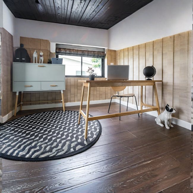 Morey Study Table 1.4m - Natural, Penny Brown - 2 - modern workspace, minimalist decor, wooden desk, laptop on table, black