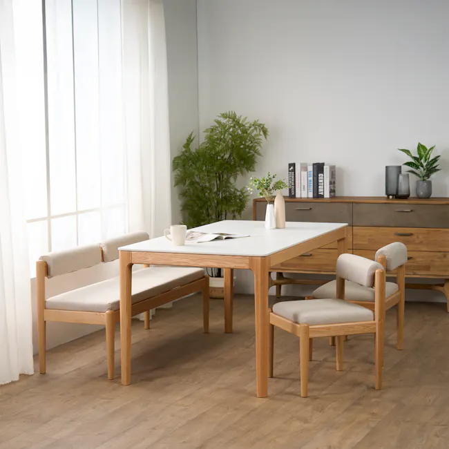 Niel Bench 1.05m - Oak, Gravel White - 2 - Light wood dining table with beige upholstered chairs, white marble top, wooden