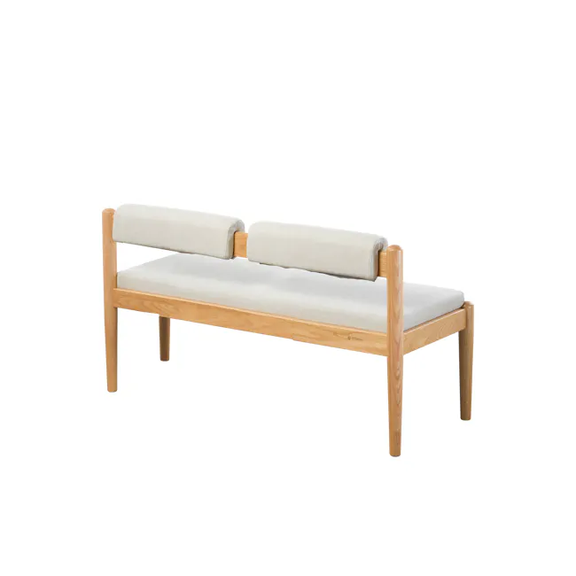Niel Bench 1.05m - Oak, Gravel White - 4 - Wooden bench with light beige cushions, minimalist design, natural wood finish