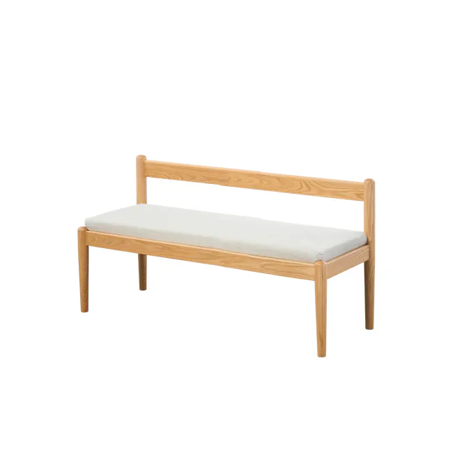 Niel Bench 1.05m - Oak, Gravel White - 7 - Wooden bench with light-colored cushion, minimalist design, natural wood finish
