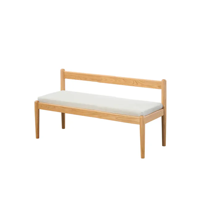 Niel Bench 1.05m - Oak, Gravel White - 7 - Wooden bench with light-colored cushion, minimalist design, natural wood finish