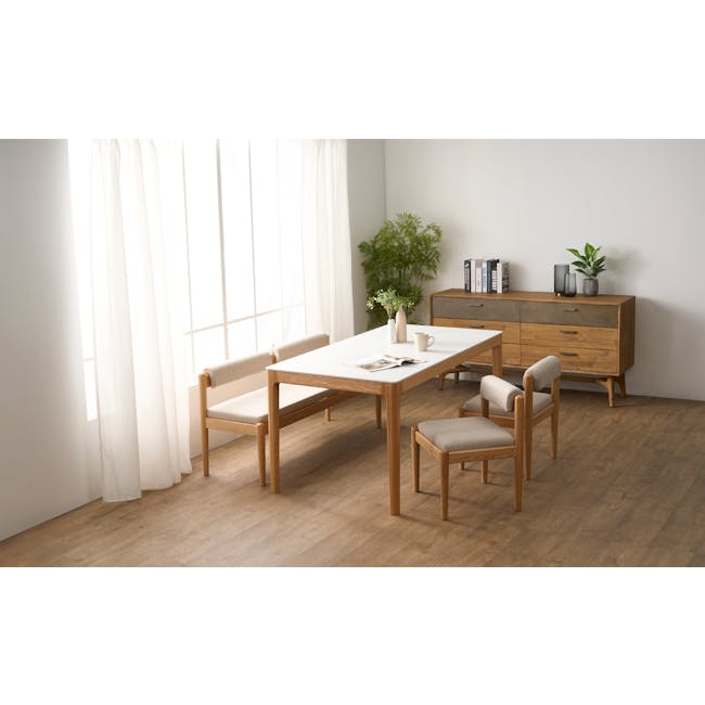 Adelyn Dining Table 1.2m (Sintered Stone) with 2 Niel Chairs and Niel Bench 1.05m in Oak - 47 - Light streaming through