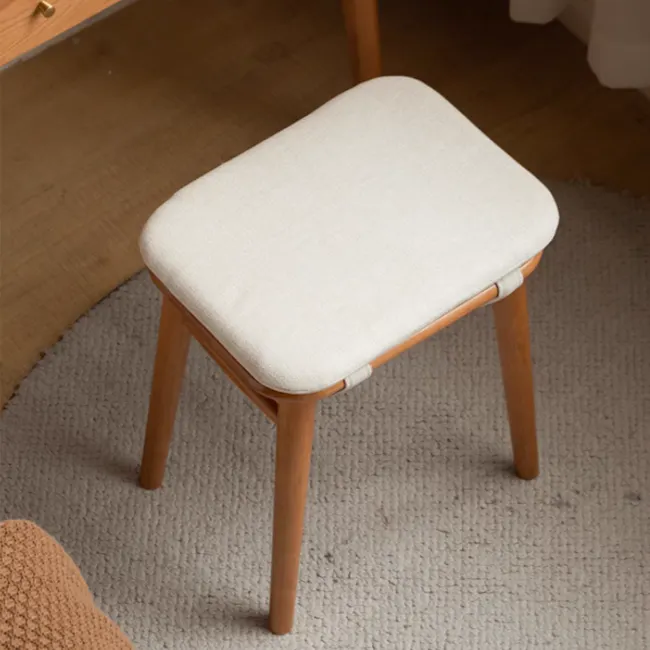 Haku Stool - 3 - Wooden stool with light-colored cushion, wooden legs, beige cushion, small wooden chair, light brown wooden