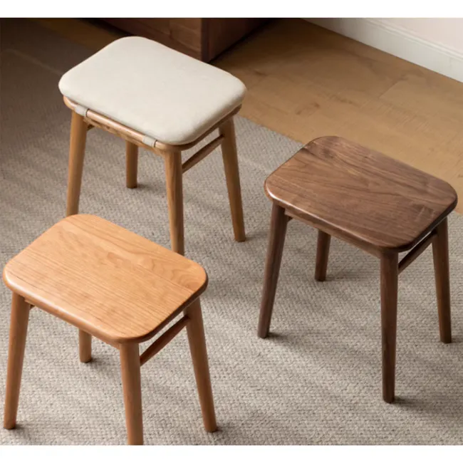Haku Stool - 7 - Wooden stool, minimalist design, light beige cushion, natural wood finish, simple structure, two-tone color