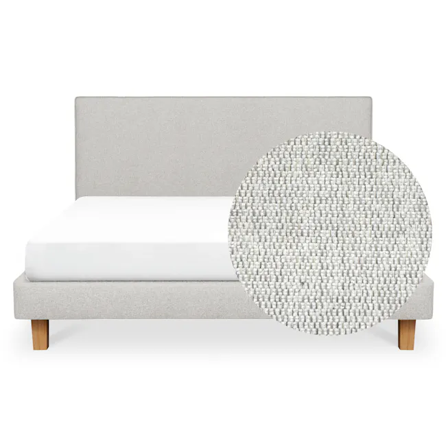 ESSENTIALS King Headboard Divan Bed - Dew (Eco Clean Fabric) - 2 - Modern minimalist bed with soft gray fabric headboard and