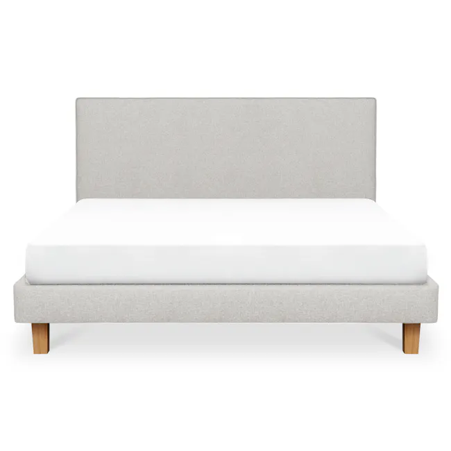 ESSENTIALS King Headboard Divan Bed - Dew (Eco Clean Fabric) - 1 - Modern minimalist bed with light gray upholstered