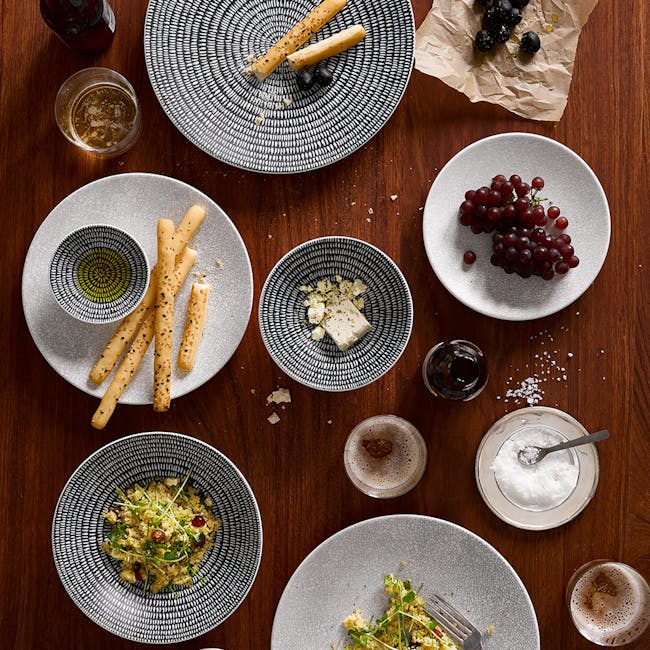 Luzerne Urban 16pcs Dining Set - Storm - 2 - Bowl of breadsticks, plate with olive oil, bowl of cheese, bowl of garlic, bowl