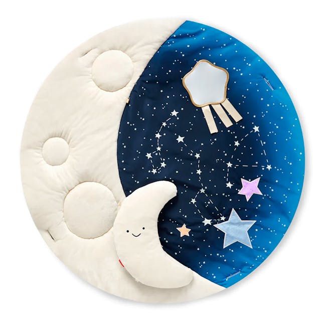 Skip Hop Activity Gym - Celestial Dreams - 3 - Moon-shaped cushion, white and blue fabric, starry night sky, whimsical
