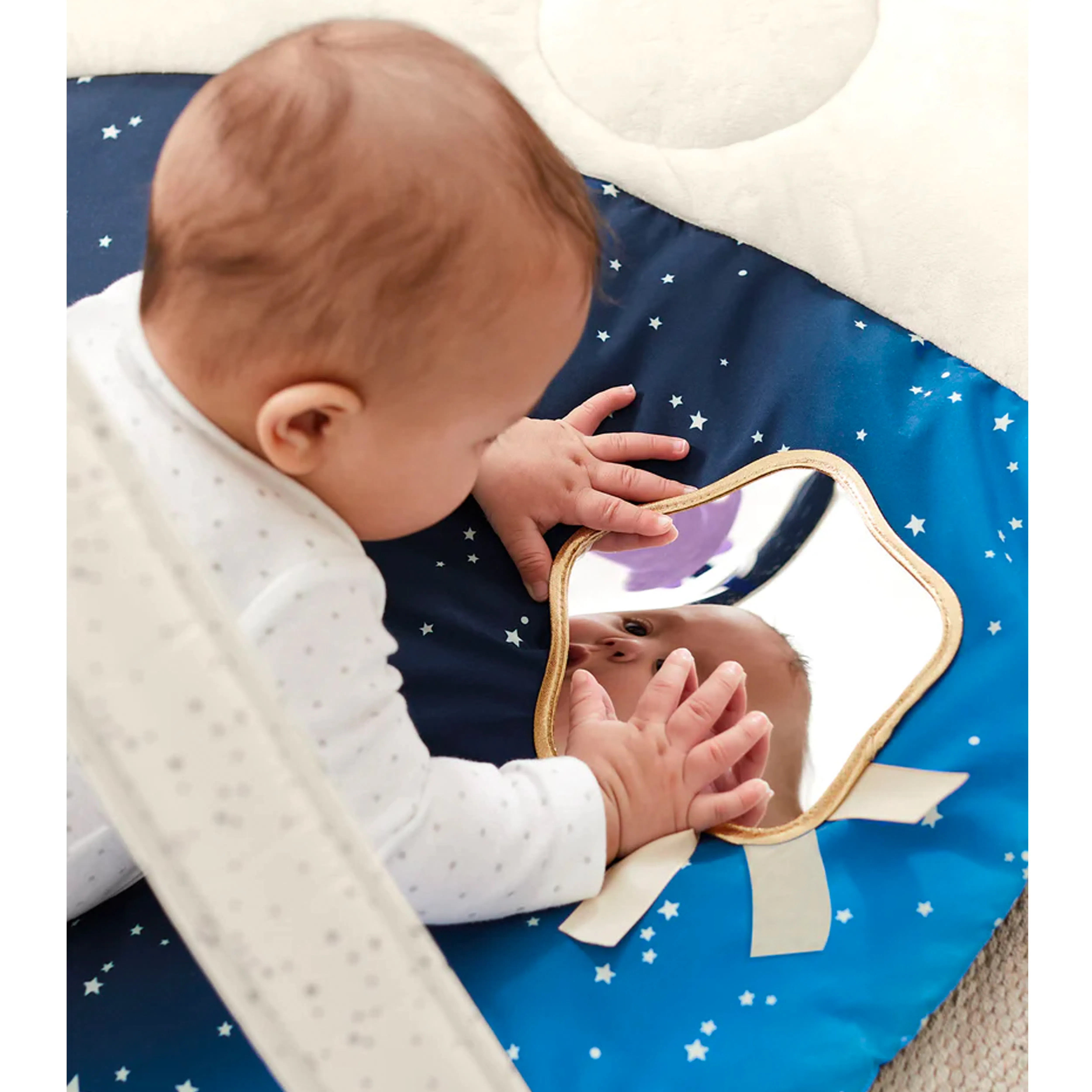 Skip Hop Activity Gym - Celestial Dreams - 12 - Baby, reflection, mirror, stars, blue blanket, white pillow, white bib