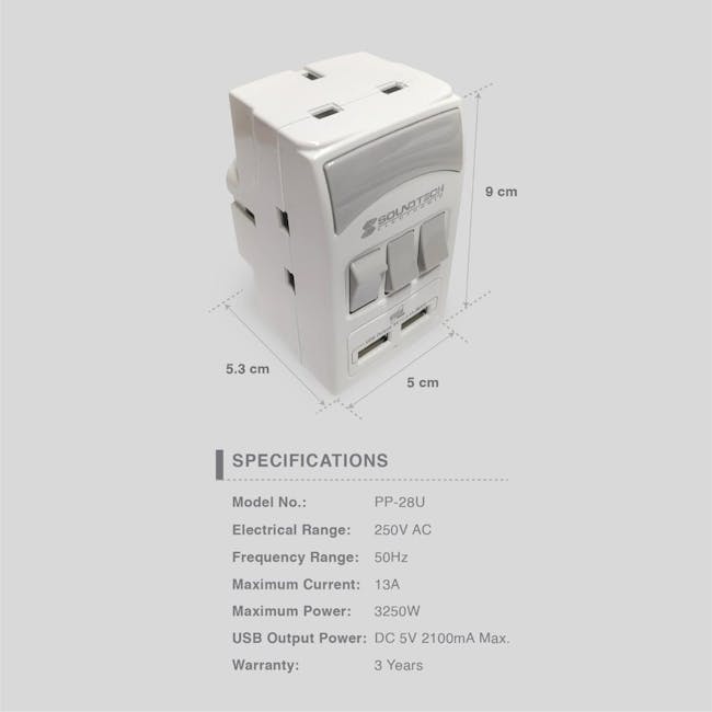 SOUNDTEOH 3 Outlets Adaptor with Smart 2.1A USB & Switch PP-28U - 5