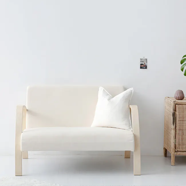 Mizuki 2 Seater Sofa - Beige - 13 - Minimalist sofa, white cushions, wooden frame, modern decor, cozy atmosphere, clean