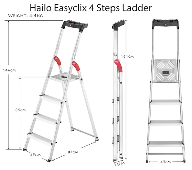 Hailo Aluminium 4 Step Ladder (2 Step Sizes) - 8cm Wide Step Ladder - 5