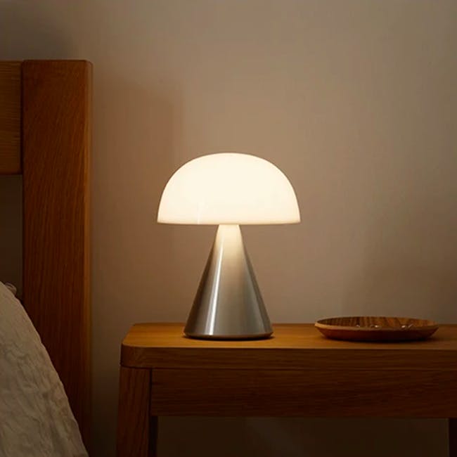 Lexon MINA L Led Lamp - Alu Poli - 2 - Modern bedside table, minimalist lamp, soft glow, wooden desk, warm ambiance, cozy