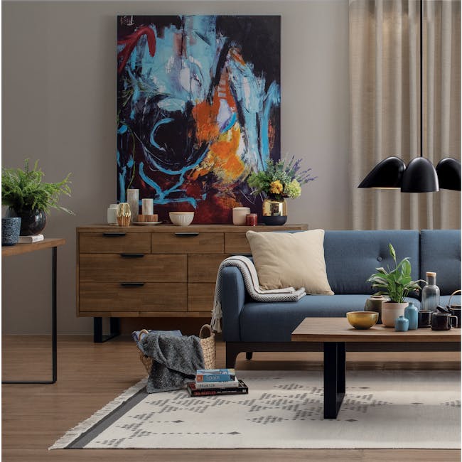 Dakota 7 Drawer Chest 1.55m - 8 - modern living room, abstract painting, colorful artwork, wooden furniture, blue sofa