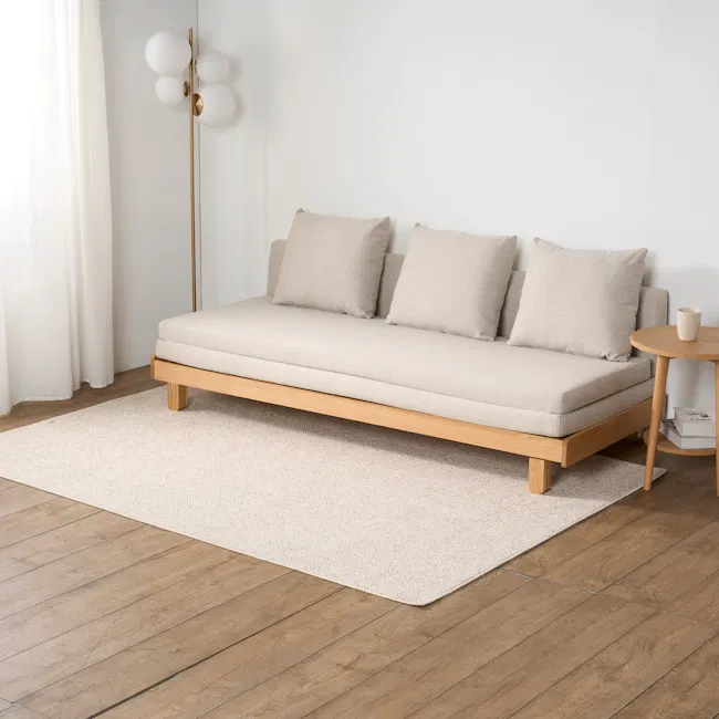 Reese 3 Seater Sofa Bed - Walnut, Off White - 2 - Modern minimalist living room, neutral color palette, light hardwood